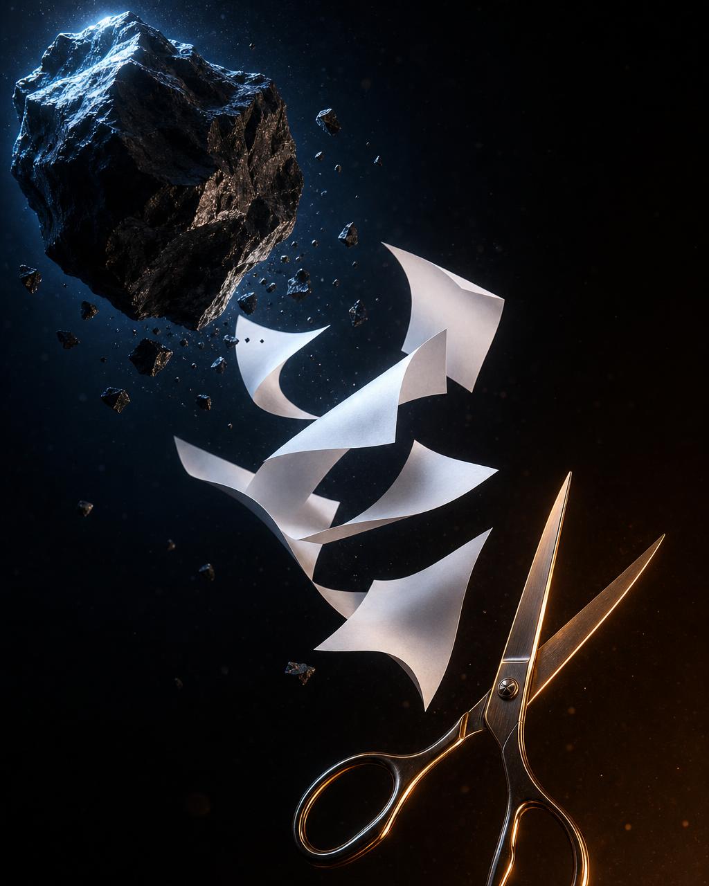 A dark rock lit in blue, sheets of white paper and metallic scissors floating in dramatic light